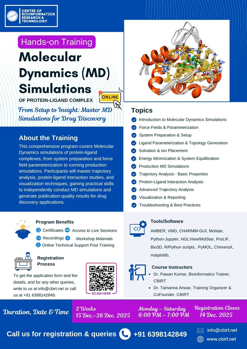 CbirtDirector's tweet image. 🚀 Boost your skills in Molecular Dynamics for Drug Discovery!

Hands-on MD simulations of protein-ligand complexes.

📅15–26 Dec | 6–7 PM IST | Online

For Details: 📧 info@cbirt.net | 📞 +91 6398142849 🌐cbirt.net/training

Who’s joining? 🤔

#MDSimulations #Bioinformatics