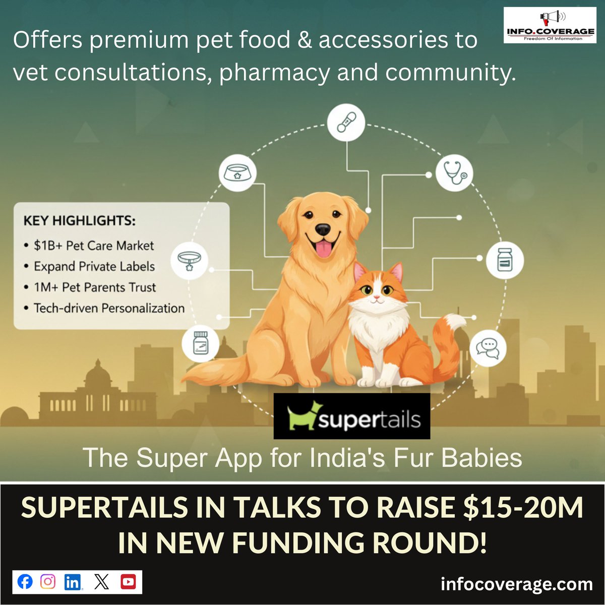 infocoverage's tweet image. Supertails close to raising $15-20M!

1M+ pet parents already love their food, vet tele-consults &amp;amp; pharmacy. Next: physical clinics + deeper Tier-2 push.

India’s pet care super-app is coming

 #Supertails #PetTech #StartupIndia #PetParents #InfoCoverage