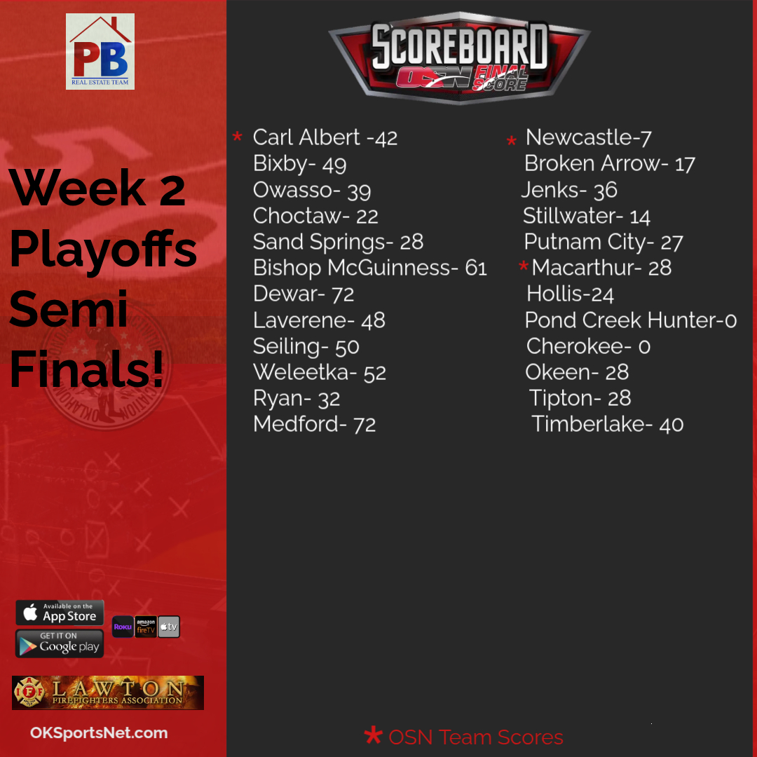 OSN Semi Final Week 1 scores across the State. Brought to you by Pam and Barry with Remax and the Lawton Firefighters Association.