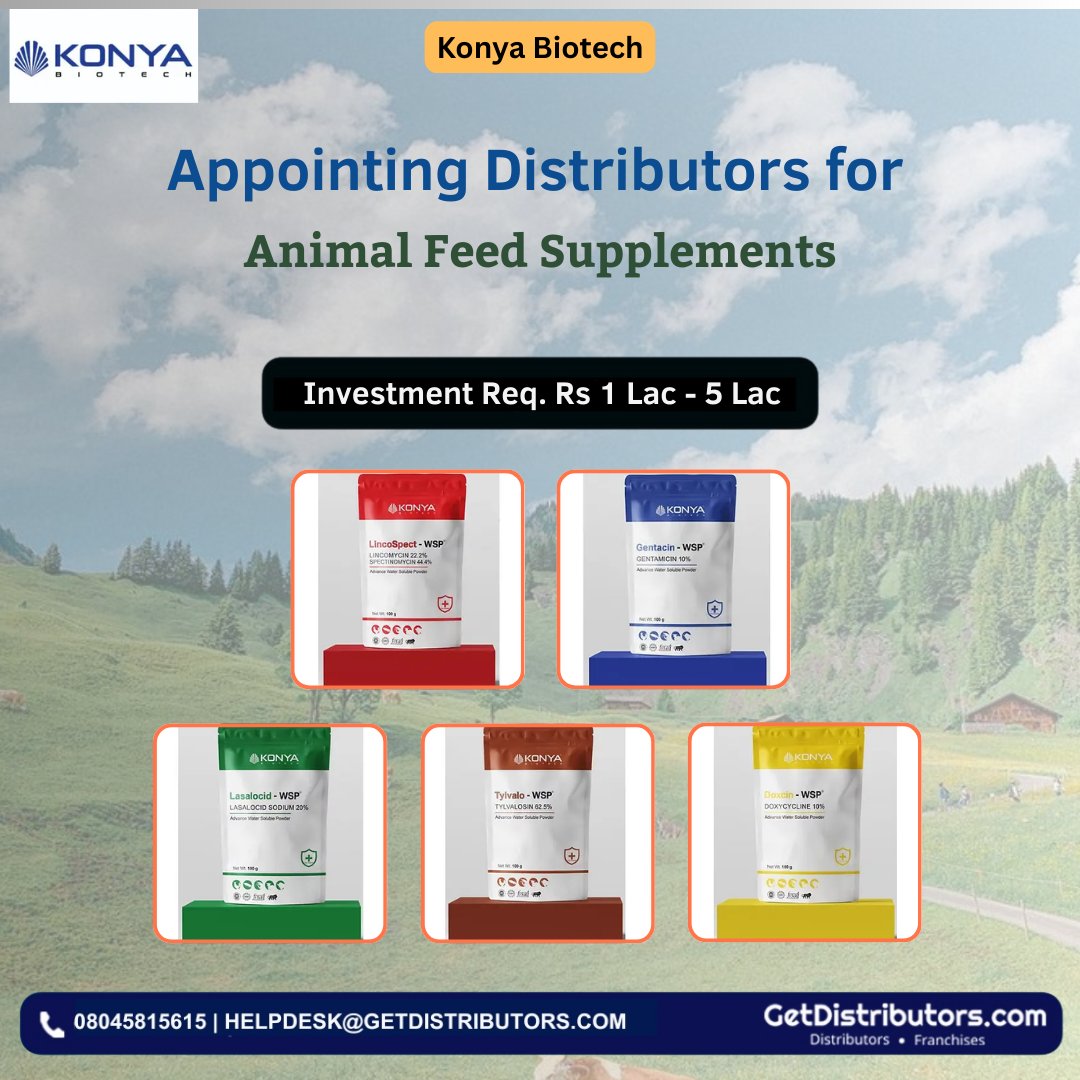 getdistributors's tweet image. Appointing #Distributors for Animal Feed Supplements.
Brand 👉 #KonyaBiotech
Details 👉 getdistributors.com/tiny/8BLzJSRhFP

★Investment : Rs. 1 - 5 Lac
★Profit margins of 25%
★Higher ROI in market

#KonyaBiotechPrivateLimited #AnimalFeedSupplements #Dealers #Wholesalers #SuperStockists