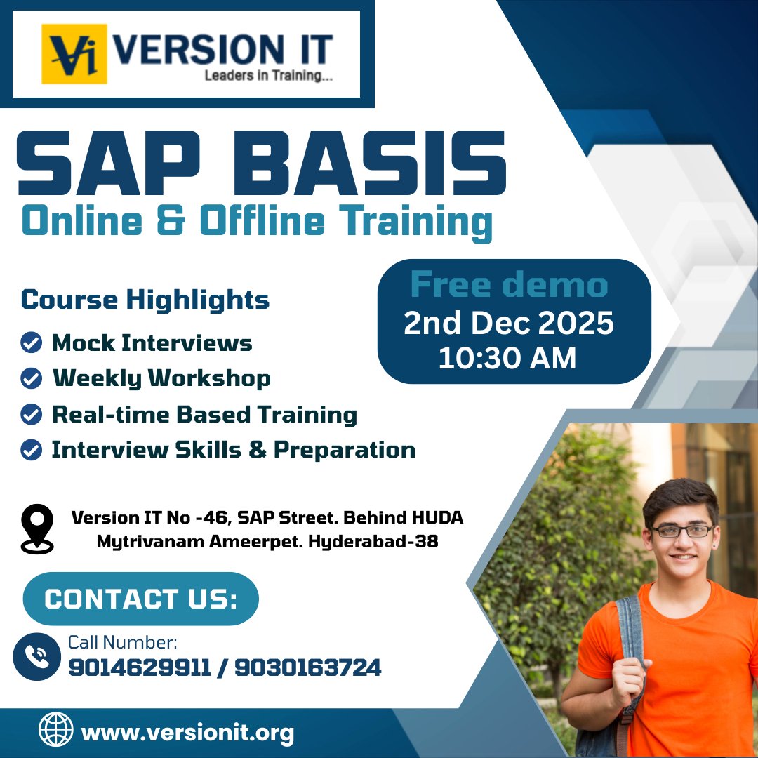 PVersionit's tweet image. 🚀 Kickstart your SAP career with SAP BASIS Training – Hyderabad!
Demo: 2 Dec | 10:30 AM
Duration: 3.5 Months
Online + Classroom | Real-time Projects
Register 👉 forms.gle/U1uUyQERx8jwVJ…
📞 9030163724 | 9014629911
#SAPBASIS #SAPTraining #VersionIT