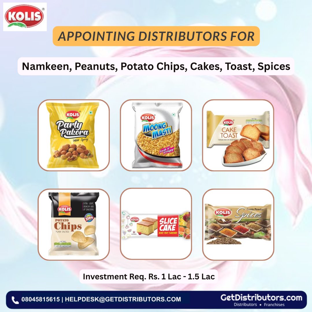 getdistributors's tweet image. Appointing #Distributors for Namkeen, Peanuts, Potato Chips, Cakes, Toast, andSpices.
Brand 👉 #Kolis
Details 👉 getdistributors.com/tiny/Le06oTHYW9

★Investment : ₹ 1 - 1.5 Lac
★Splendid profit margins of 7-8%
★Brochures and marketing materials

#KolisFoodsPrivateLimited #KolisFoods