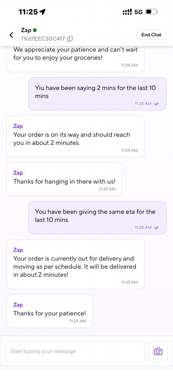 rameshdot0's tweet photo. @ZeptoNow @zeptocares @aadil 
This is a complete failure in customer service. Original eta of 12 mins broken by more than 20 mins and I keep talking to this parrot Zap 
Please invest in humans. Invest in real customer service https://t.co/raMIgBSTvu