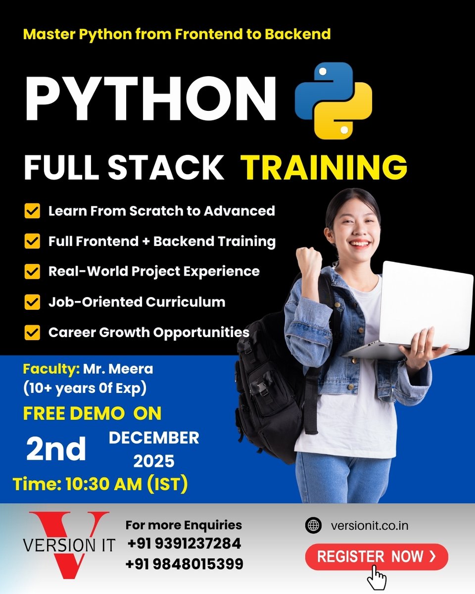 VersionitCloud's tweet image. 🚀 Kickstart Your Career with Python Full Stack Training!

Ready to become a job-ready Full Stack Developer? Learn Python from Scratch to Advanced 

Free Demo: 2nd December 2025
⏰ Time: 10:30 AM (IST)

📞+91 9848015399
🌐 versionit.co.in/python-full-st…

#PythonFullStack #PythonTraining