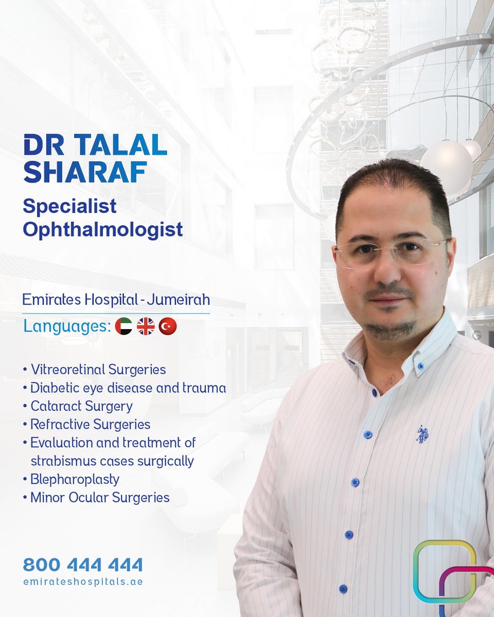 emirateshosp's tweet image. Meet our new expert, Dr Talal Sharaf, Secialist  Ophthalmologist at Emirates Hospital Jumeirah. 

emirateshospitals.ae/doctors/dr-tal…

#Eyedoctor #Cataractsurgery #Emirateshospital #Eyesurgeon #Glaucomatreatment