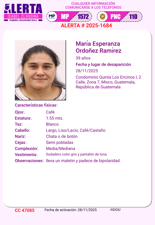 isabel_claudina's tweet photo. #AlertaIsabelClaudina
🚨 Ayúdenos a encontrar
MARÍA ESPERANZA ORDOÑEZ RAMÍREZ
Desapareció  el 28 de Noviembre de 2025
Cualquier información comunicarse al teléfono 📞 1572
Gracias por difundir esta información❗ https://t.co/qusFqKH92W