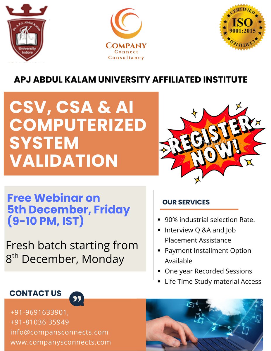 SkillBeeSolu's tweet image. Register Now for free webinar!!!!

#CSV #CSA #ComputerizedSystemValidation #AIValidation #APJAbdulKalamUniversity #PharmaTraining #RegulatoryCompliance #PharmaJobs #ClinicalResearchTraining #QualityAssurance #LifeSciencesCareers #GxPCompliance #CSVTraining #PharmaIndustry