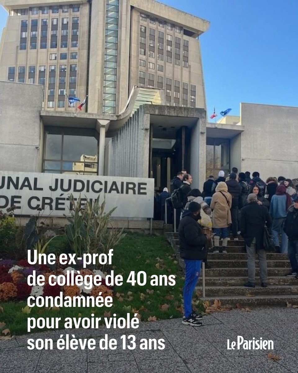 «Dans ma tête on était amoureux»
➡️ l.leparisien.fr/dzD8

Une ex-prof de 40 ans qui enseignait dans le Val-de-Marne comparaissait devant la cour criminelle de Créteil pour viols sur Théo, son ancien élève, désormais majeur. 

Elle a été placée sous mandat de dépôt.