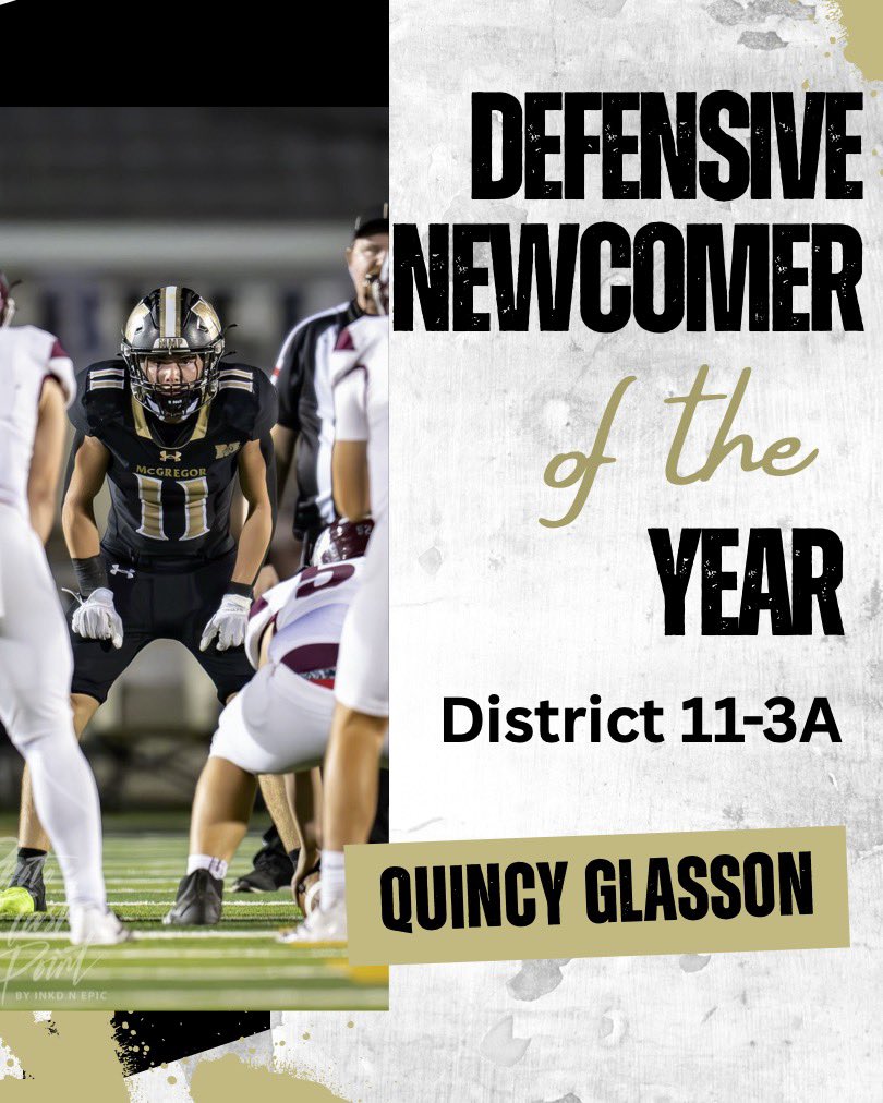 11-3A Newcomer Of The Year!
<a href="/QuincyGlasson/">Quincy Glasson</a> has another great year to go!!!
Fantastic LB and one of the best utility players out there!

#MMP
#MakeMcgregorProud