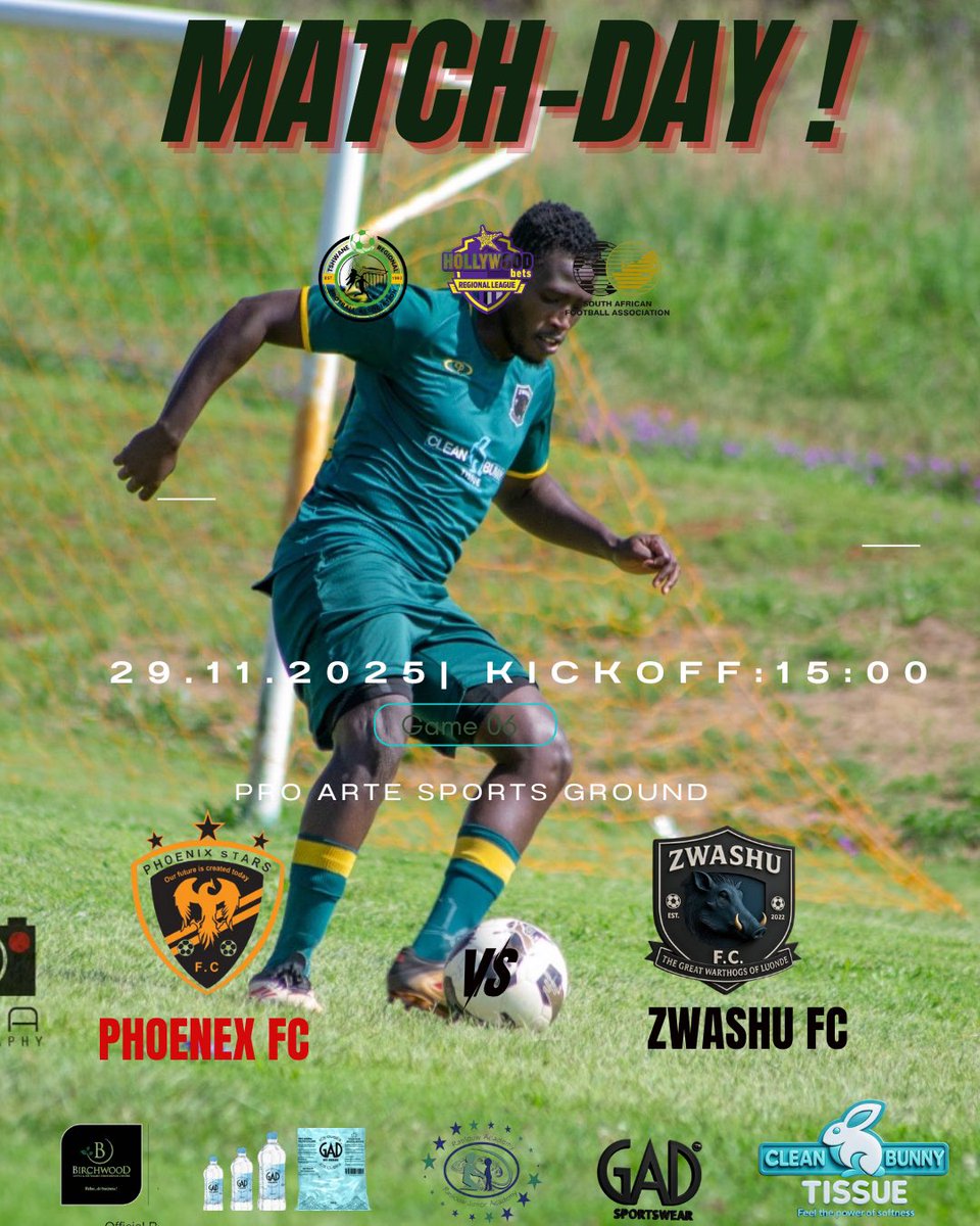 ‼️Match Day‼️ 

🆚  Phoenix United FC 
🏆 Hollywoodbets MRL 
📆 Saturday 28 November 2025
⏰ 15:00
🏟 Pro Arte Sports Grounds
📺 Zwashu TV (YouTube Channel)

#NguluvheDzaVhakwevho
#MRL
#IamZwashuFC