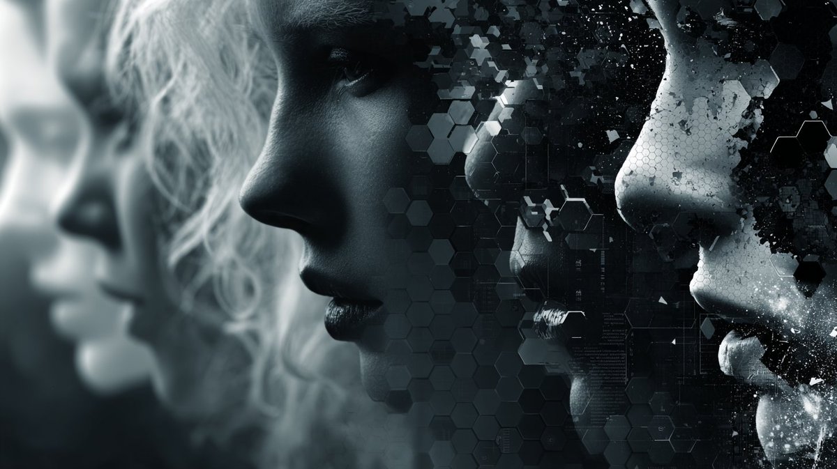 phokuinc's tweet image. Haunting portrayal of cloning, memory, and the loss of self in a high-tech world. Faces in focus, dissolving into a pattern of hex grids and light, the repetition and disintegration are chilling. Elegance meets digital decay.
#SciFiArt #DigitalIdentity #VisualArt