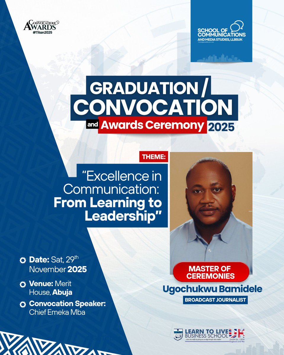 YUGEEBAMIDELE's tweet photo. Hosting today as MC for the LLBS UK Graduation &amp; Awards 2025 in Abuja.
Theme: “Excellence in Communication: From Learning to Leadership.”
Another stage, another story.

Event season’s here. If you want class, clarity &amp; impact
🎤 I’m your MC.

#EventHost #Communication #Leadership https://t.co/jrOrwr7glZ