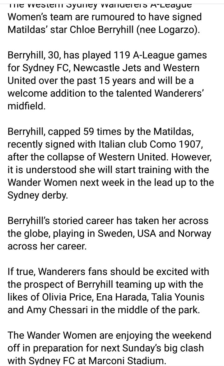 Speculation that Chloe Berryhill has signed with the Wanderers and will start training with the team next week

facebook.com/share/p/17UZgv…