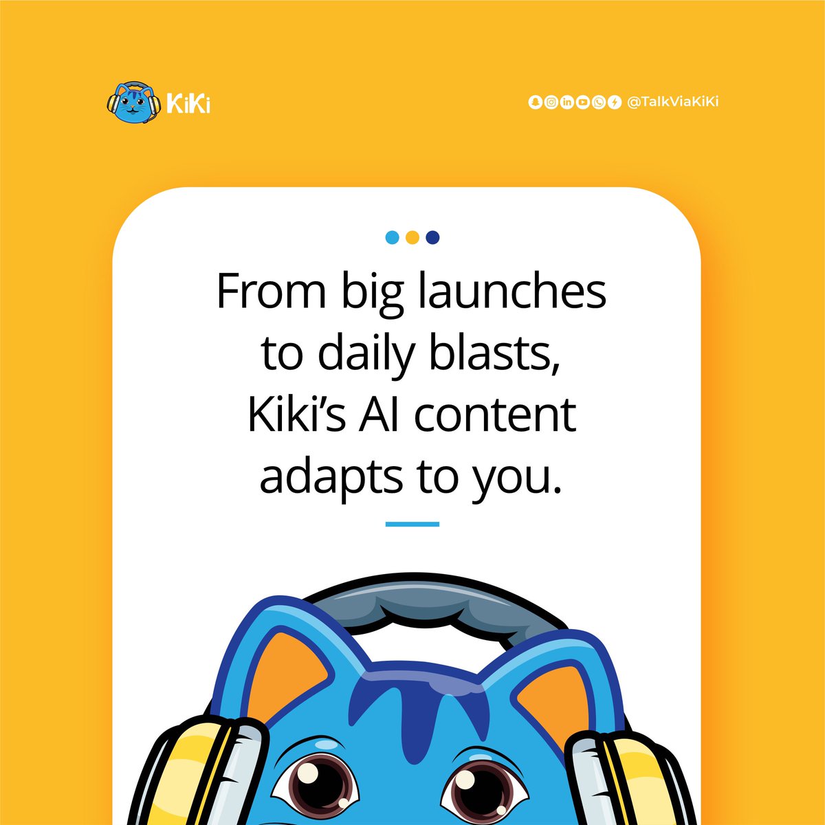 TalkviaKiki's tweet image. From big launches to daily blasts, Kiki’s AI content adapts to you. 
Social posts ✅
Emails ✅
AI chat replies ✅
Kiki handles it all — so you can focus on what matters: growth. 
#AIforBusiness #AutomationTools #DigitalMarketing
