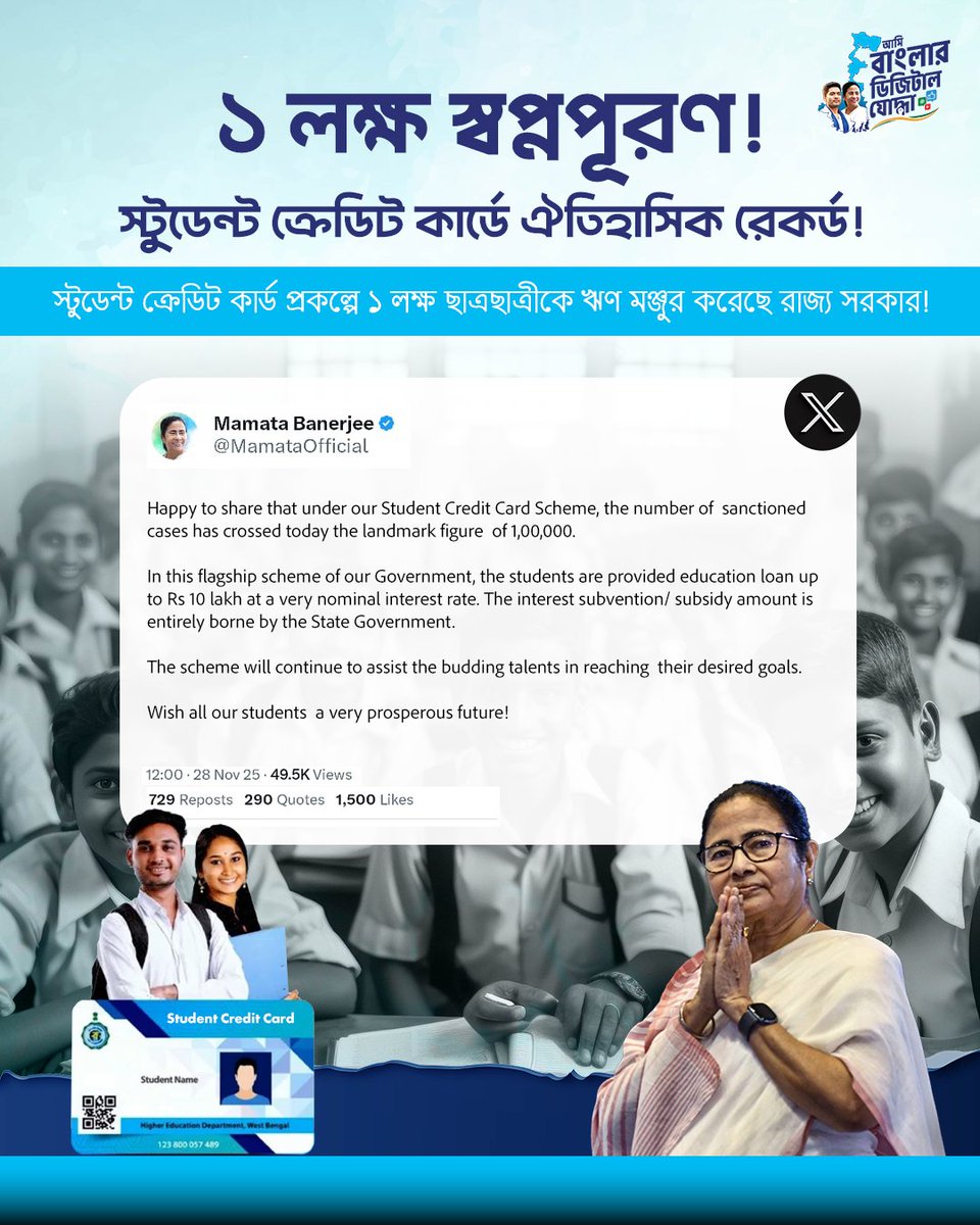 MimiTMCP's tweet image. ১ লক্ষ ছাত্রের স্বপ্নপূরণ, এটাই দিদির বাংলার প্রতিশ্রুতি।
@MamataOfficial
@abhishekaitc
#MamataBanerjee #studentsuccess #PeopleFirst #WestBengalNews #ABDigitalJoddha
