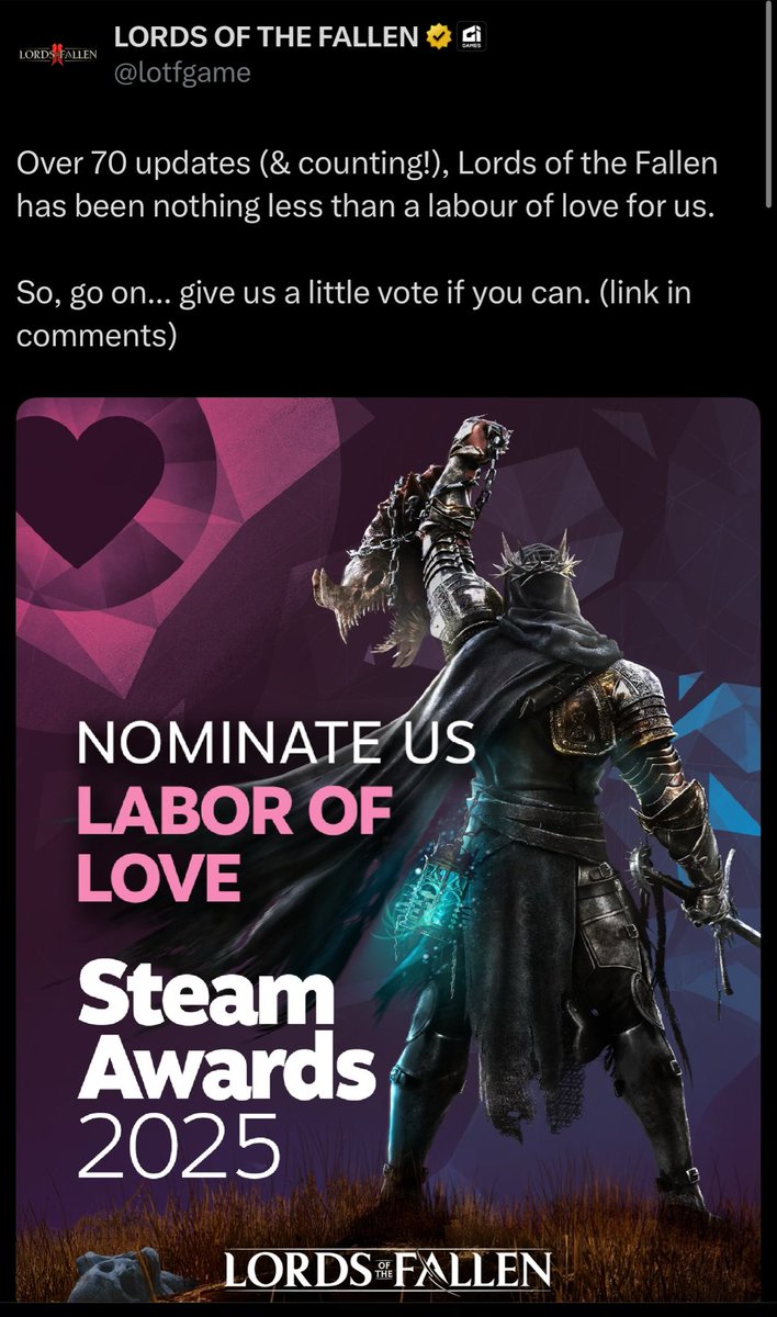 Show your support! If Lords of the Fallen deserves the Labor of Love award, cast your vote.