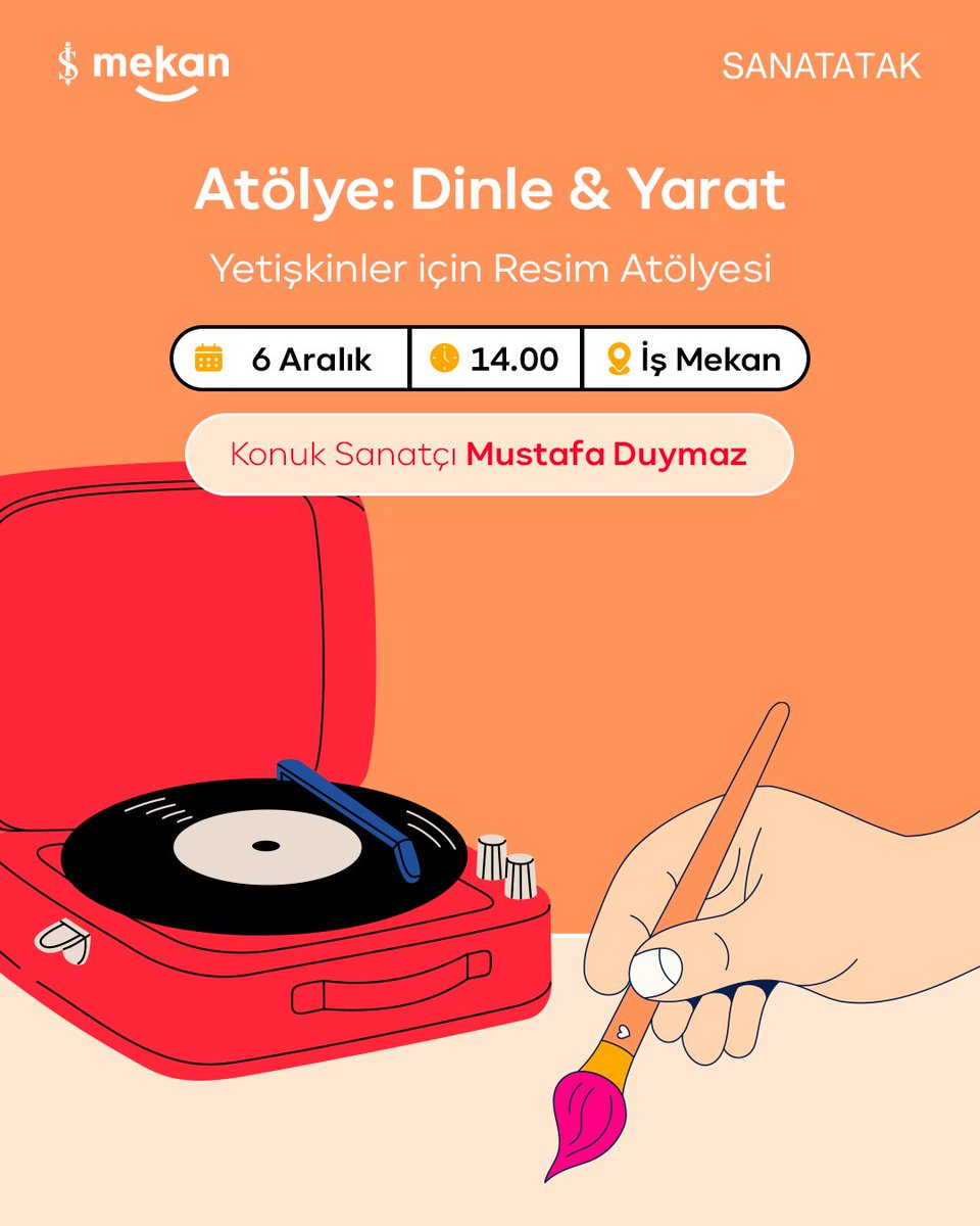 sanatatak's tweet image. Sanatatak ve @mekan_is iş birliğinde Dinle&amp;amp;Yarat Atölyeleri devam ediyor! 🖌️🎶

Her ay bir sanatçı-eğitmen eşliğinde, plaktan dinlediğimiz bir albümden ilham alarak resim yapıyor, farklı malzeme ve tekniklerle yaratıcılığımızı keşfediyoruz.