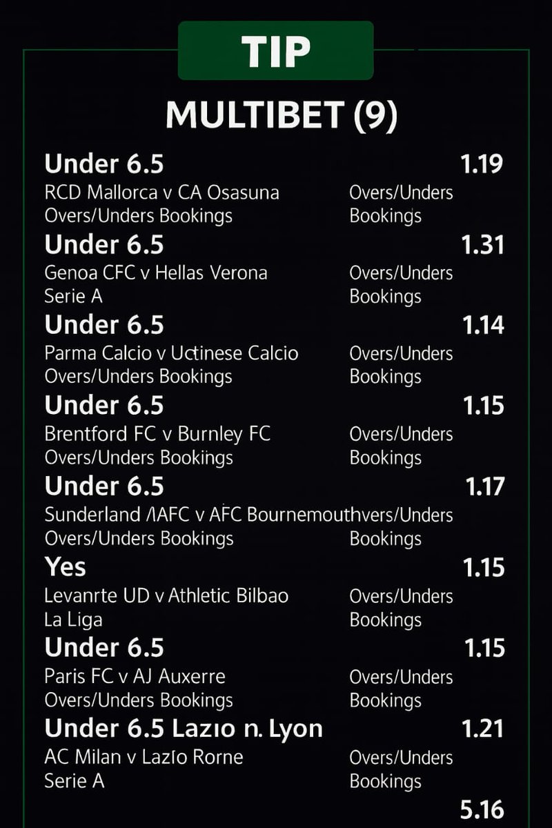 BETWAY CODE: BW24C81B97
🔥 Saturday Safe Multibet (9) 🔥
Odds: 5.16