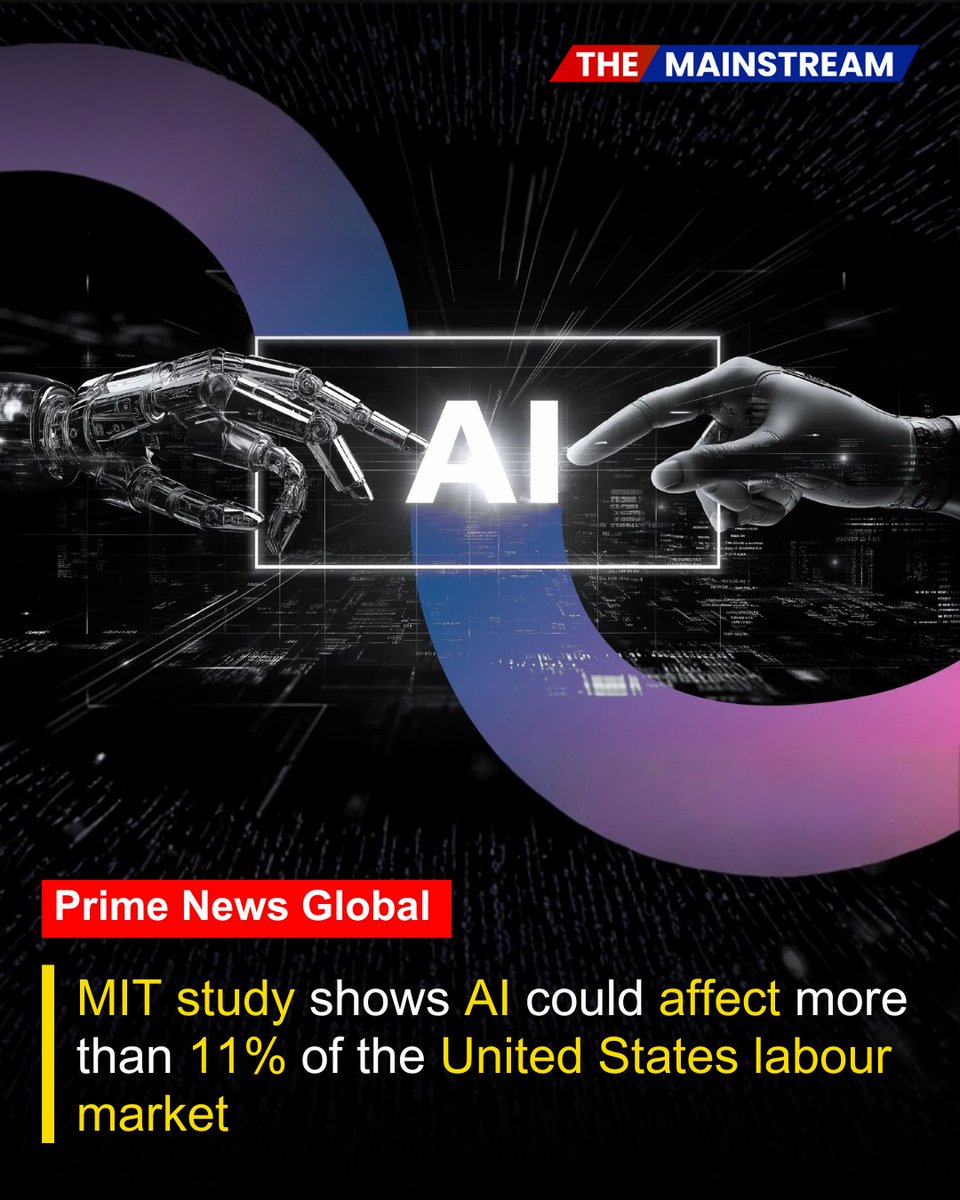 TheMainstream7's tweet photo. A new study from the Massachusetts Institute of Technology has found that artificial intelligence could replace up to 11.7 percent of the United States labour market. 
.
.
Click here to read the full story:
https://t.co/xI9ifC16cG

#TheMainstream #MITStudy #AILabourImpact https://t.co/6T4oh2vbl0