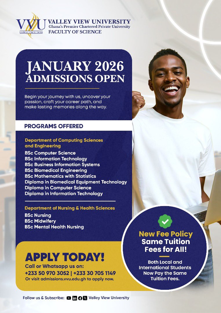 VVUniversity's tweet image. Admissions are currently open. Apply today! 

Our New fees policy: All International and Local students pay the same fees. No more dollar fees. 

Grab the opportunity and tell a friend as well 😊👍.

#VVU #valleyviewuniversity #newfeespolicy
