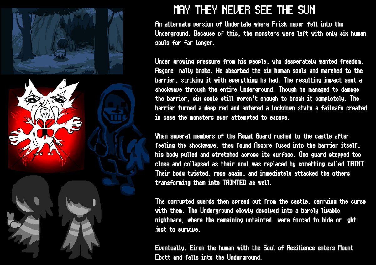 The_JesterQueen's tweet photo. A little bit ago i threw my hand in at an undertale au/helptale retake ive called "MAY THEY NEVER SEE THE SUN"
Heres a basic rundown i made of the story.
I will probably post more stuff about this soon.
#undertale #undertaleAU #helptale https://t.co/L1CsruruZm