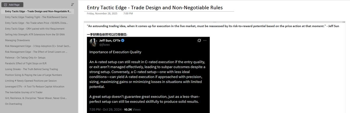 29 Nov 2025: Study Study Study 📚

Had a blast looking through <a href="/jfsrev/">Jeff Sun, CFTe</a> 's substack the past 2 days. A lot of timely reminders on what it takes to be a consistently profitable trader - from the technicalities of what makes a A-rated entry and having a set of mechanical sell rules,