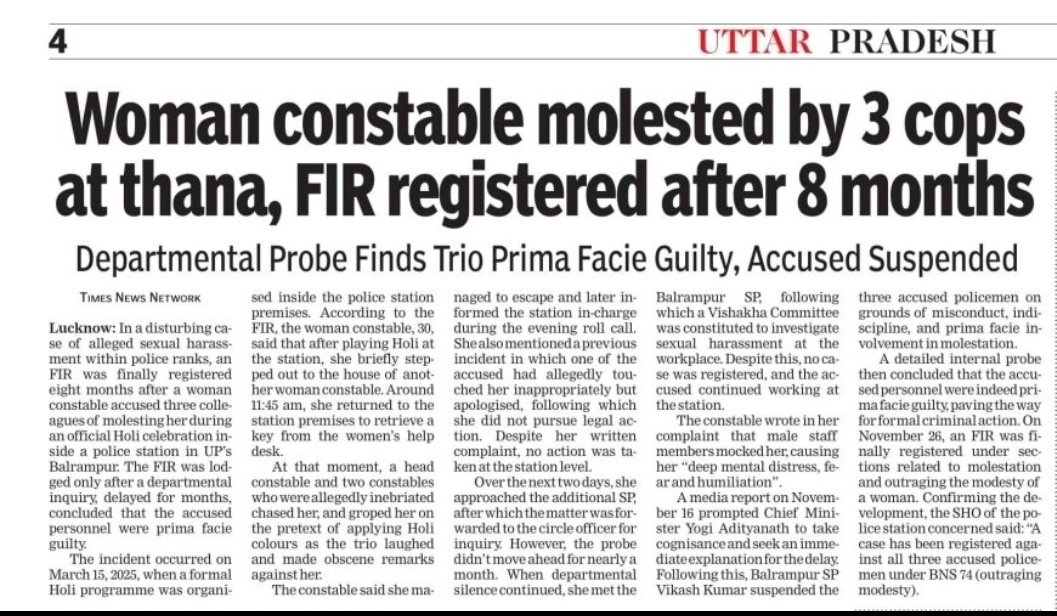 tehseenp's tweet image. A WOMAN CONSTABLE was molested by 3 COPS! It took 8 months, read that again EIGHT MONTHS for a woman cop to register an FIR! This is the UP government!