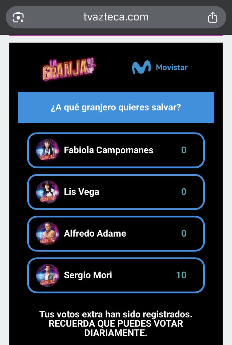 Si, hagan su estrategia pendeja de votar por Lis, Fabiola y Adame para “intentar” sacar a Sergio JAJAJAJA bola imbéciles nada mas van a lograr que termine saliendo Adame 🤡jajajajajaja, Sergio NO SE VA entiéndanlo. 💋 #LaGranjaVIP