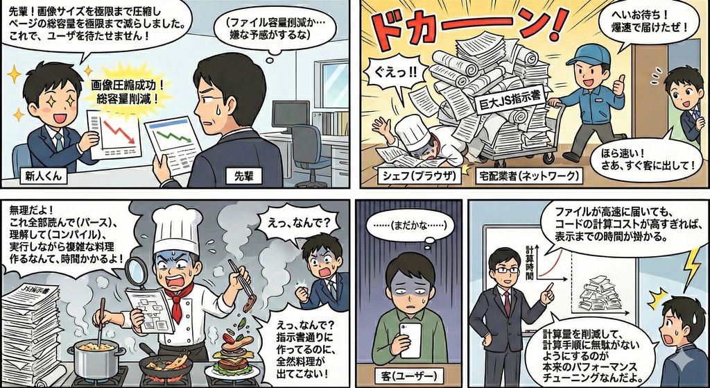 perfdata's tweet image. Webパフォーマンス、「転送速度」ばかり気にしていませんか？🚚💨
ファイル容量を削減して爆速で届いても、ブラウザ（シェフ）が捌ききれなければ画面は真っ白なまま！👨🍳💦
「調理時間（計算コスト）」の視点が抜けていた新人くんから学ぶ、パフォーマンスチューニングの本質とは？
#Webperf…