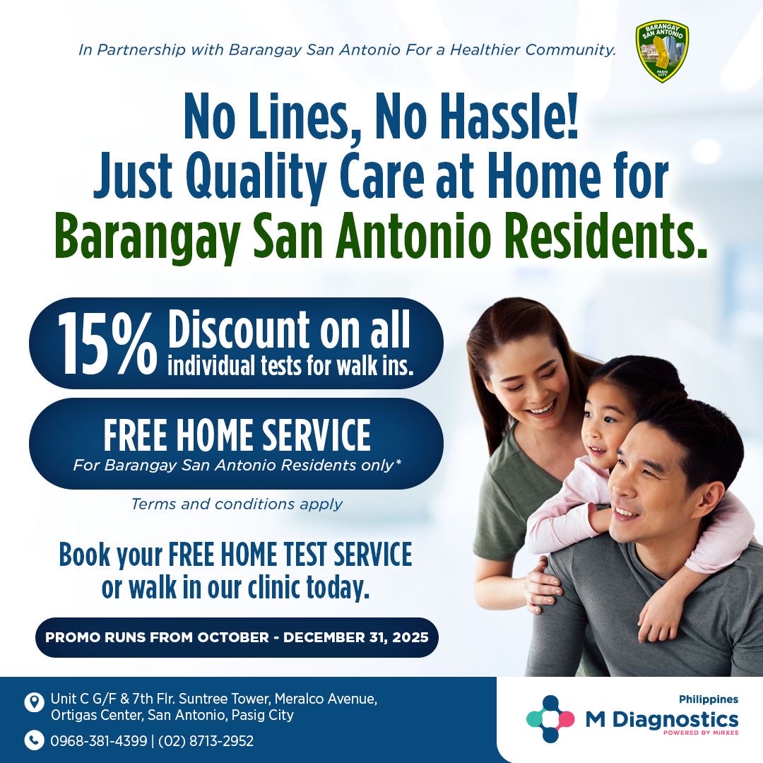 bsapasig's tweet photo. Avail of the discount and free home service of M Diagnostics Philippines, Inc. β
This collaboration aims to facilitate access to medical services and bring them closer right at the doorstep of @bsapasig residents. π
#StayHealthyBSA #BSACollabs #TuloyAngSerbisyoBSA https://t.co/JUsDLSXguj