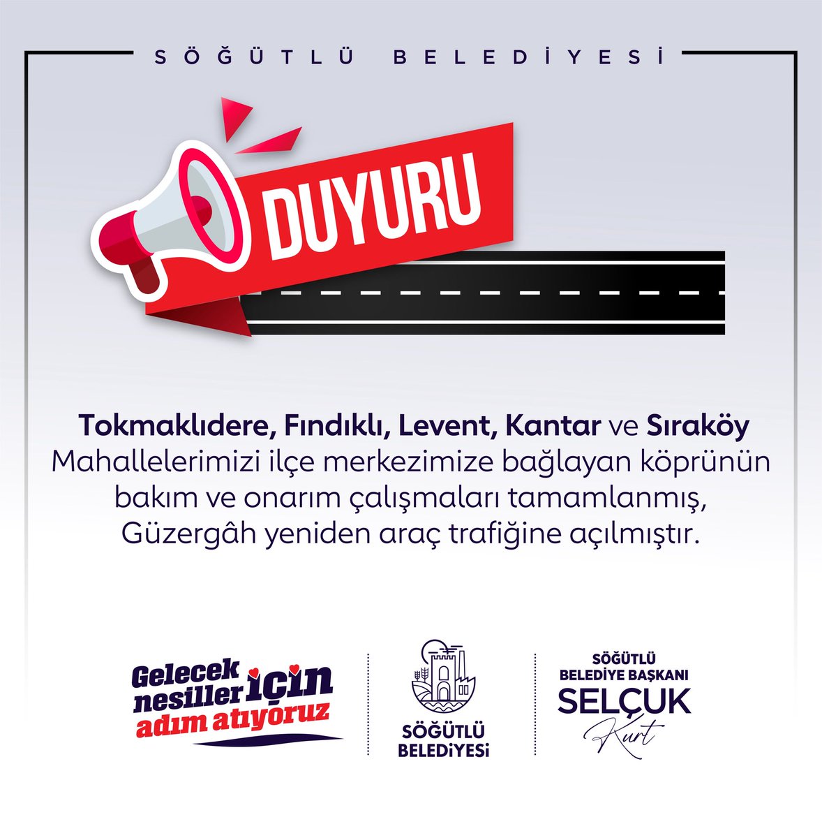 Tokmaklıdere, Fındıklı, Levent, Kantar ve Sıraköy mahallelerimizi ilçe merkezimize bağlayan köprünün bakım ve onarım çalışmaları tamamlandı. Güzergah araç trafiğine tekrar açıldı.