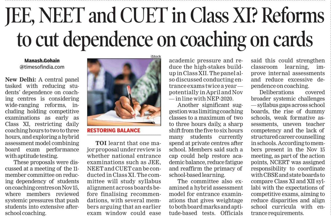 DMKITwing's tweet photo. Is the Union finally realising what #TamilNadu warned about years ago? that NEET destroys school education, fuels coaching centre mafias, and punishes poor & rural students.

Instead of fixing public schooling, the Union Govt handed over our children’s future to private coaching factories.

Now they want to push #NEET into Class XI? Limit coaching hours? Curb dummy schools?
These aren’t reforms, they’re confessions of failure.

#Education should empower students, not break them.

Time for the Union Govt to listen to states, respect school education, and end this unjust NEET obsession.

Article by @manashTOI for @timesofindia

🔗: https://t.co/voCUsyPqvB