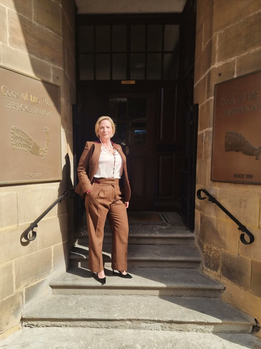 cock_ofthewalk's tweet photo. Full Bespoke 2-Piece trouser suit (plus skirt) made from an extremely tough 16oz tweed.

Details include wide legged, high waisted trousers with single pleat, for comfort, ease of movement and dramatic cinch in to the waist. Made with proper pockets, which we always encourage. https://t.co/cbBkIpvLGJ