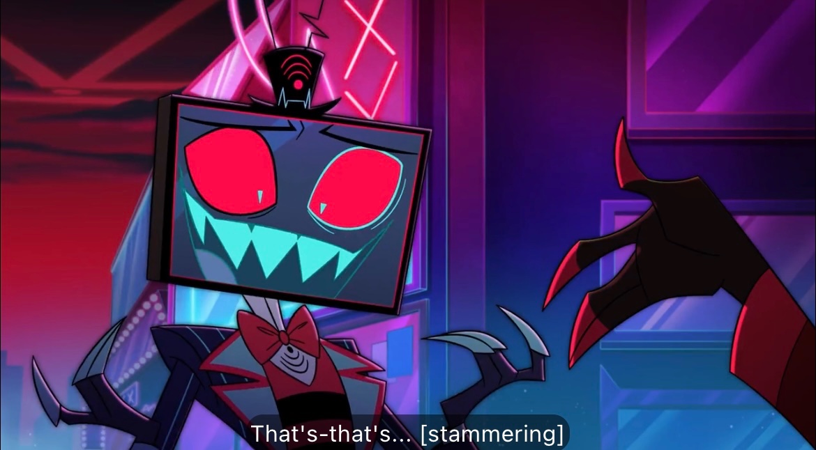 In the past Vox reaches out and Alastor laughs in disbelief, and in the present Alastor reaches out and Vox gives that same shocked laugh. Even the shot angle matches.

It’s actually insane how much the show mirrors and parallels these two. Like, holy fuck.

#RadioStatic