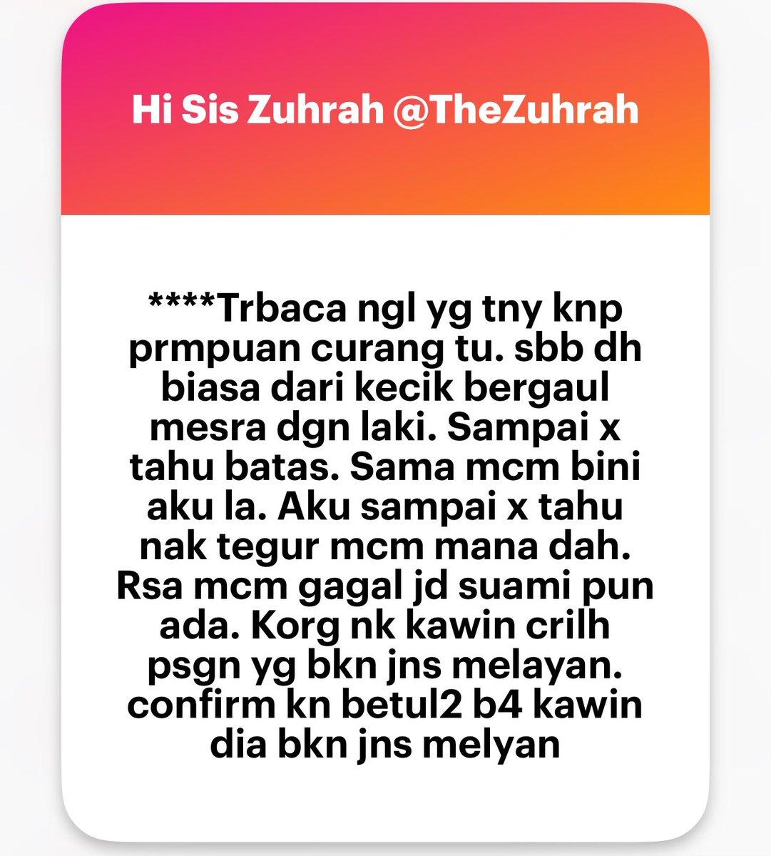 zuhrahx's tweet photo. 4 tahun pendam rasa isteri ramai kawan lelaki.
Baru je ternampak video ada 1 imam ni cakap, kalau calon isteri tu ramai kawan lelaki tu bukan red flag 🚩 ; itu deal breaker.
Nasihat from mens are welcome
#gaslight #AskMen https://t.co/claQ0gwETY