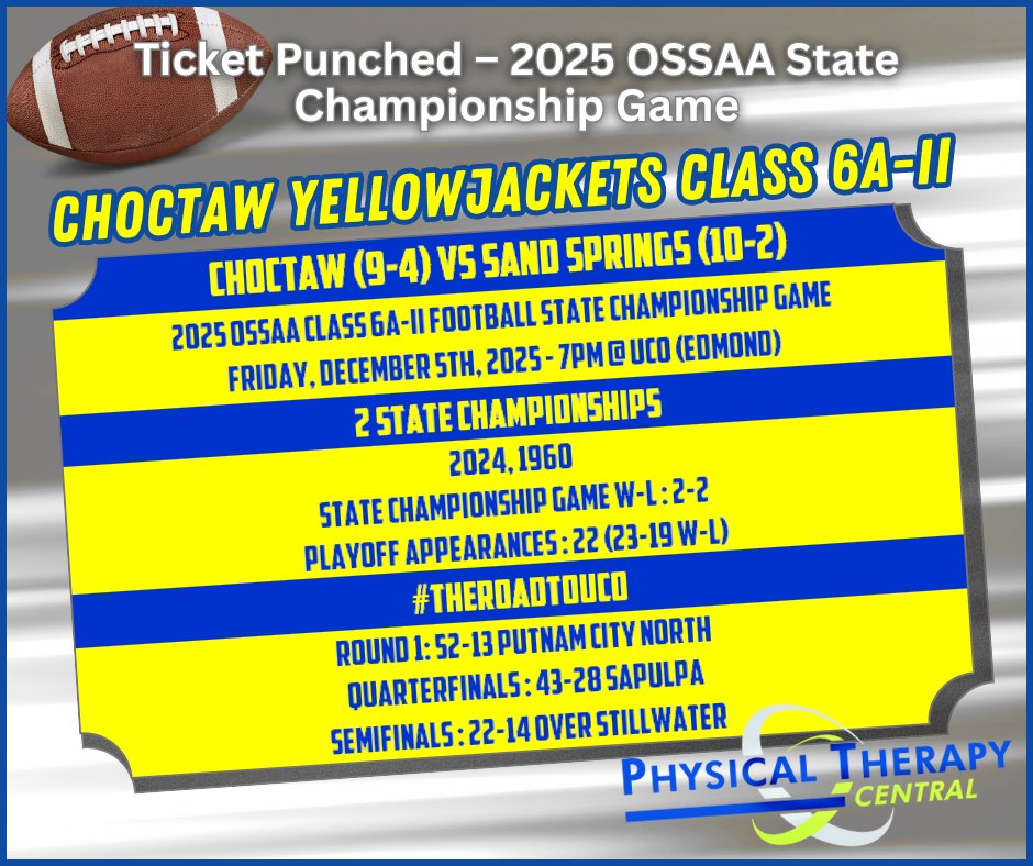 TICKET PUNCHED by the CHOCTAW Yellowjackets to the 2025 OSSAA #OKPreps CLASS 6A-II FOOTBALL State Championship Game!

Presented by Physical Therapy Central #PTCentral
"Keeping Athletes and Fans in the Game"

#TheRoadToUCO <a href="/ChoctawDNA/">Choctaw High School</a>