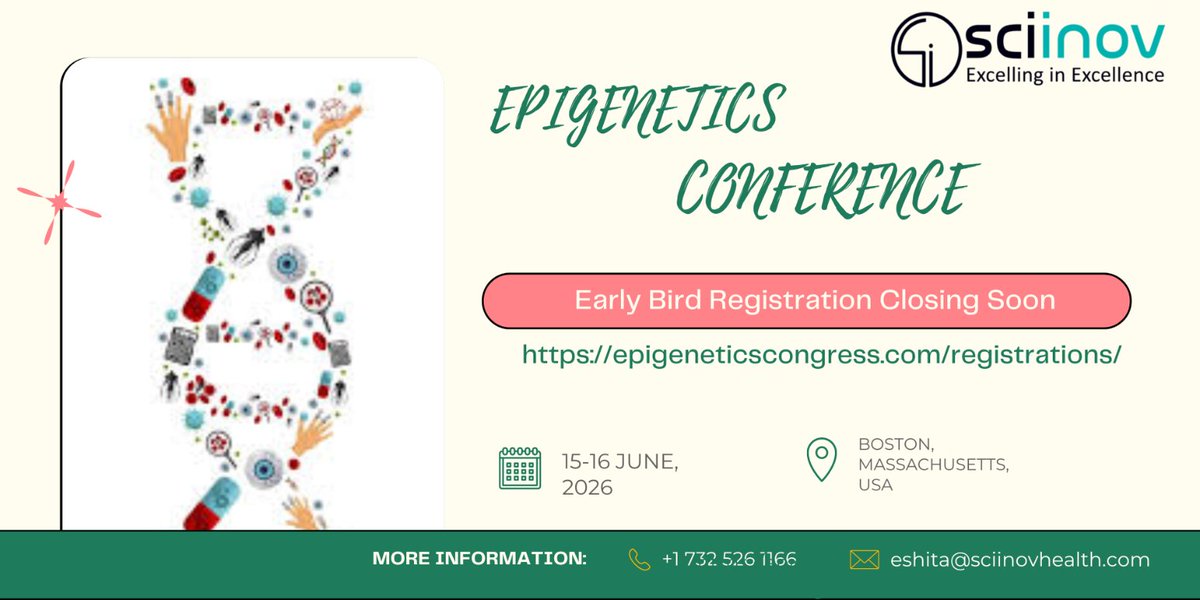 EGC_2026's tweet photo. 🔬 Epigenetics Conference 2026
Explore new findings in gene regulation, chromatin biology, and epigenetics.

📅15–16 June📍Boston, Massachusetts, USA

📢Early Bird Registration ends soon — secure your spot now!
🔗https://t.co/RfbCdFnlIT

#Epigenetics #GeneRegulation #LifeSciences https://t.co/XRlfdwlufp
