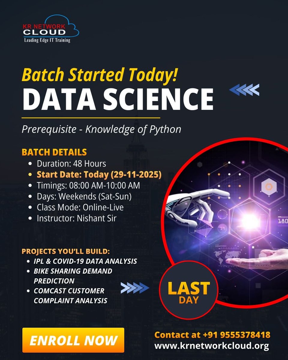 KRNetworkCloud1's tweet image. 🚀 UNLOCK YOUR CAREER IN DATA SCIENCE TODAY!
Unlock new opportunities with our Data Science Batch starting today, November 29, 2025, This 48-hour intensive program focuses on real-world applications.
Visit our website: krnetworkcloud.org/course/data-sc…
#datascientist #datascience