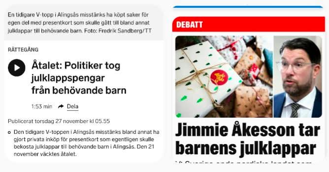 TeodorMG's tweet image. Något i min personlighet uppskattar det fåniga effektsökeriet när Vänsterpartiet påstår att Jimmie Åkesson stjäl barnens julklappar eftersom barnbidraget inte höjs. Det ger mig tillfälle att påpeka att Vänsterpartiet faktiskt har en politiker som stulit barnens julklappar.