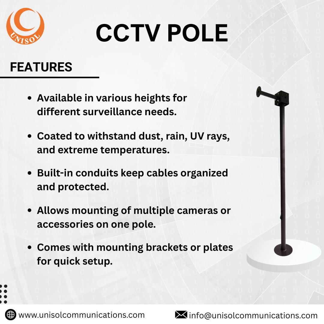 unisolcompany's tweet image. Secure your space with Unisol&apos;s CCTV poles!
Weatherproof, customizable heights, and built-in cable management for seamless surveillance setups. Perfect for both home and business security.

Learn more: unisolcommunications.com
#CCTV #SecurityTech #SmartSecurity #HomeSecurity