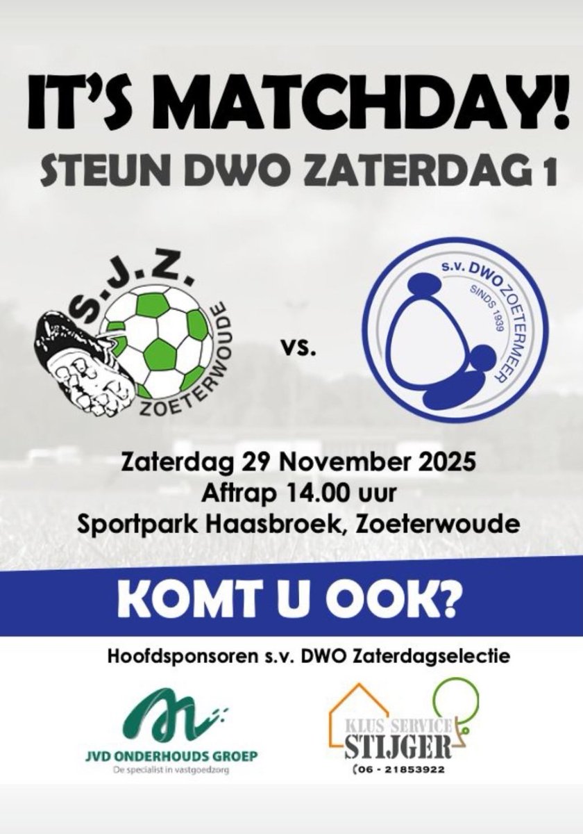 Het is Matchday in Zoeterwoude
Het verhaal van  David tegen  Goliath
Maar je weet nooit hoe een koe een haas vangt om een paar oneliners te gebruiken 
We gaan 90 min knallen 
 <a href="/VVSJZ/">VV.SJZ</a> - <a href="/svDWO/">s.v. DWO</a> 
<a href="/Haagsamvoetbal/">Haagsamateurvoetbal</a> <a href="/HaagVoetbal/">Haaglanden Voetbal</a> <a href="/Zmeeractief/">Zoetermeer actief</a>