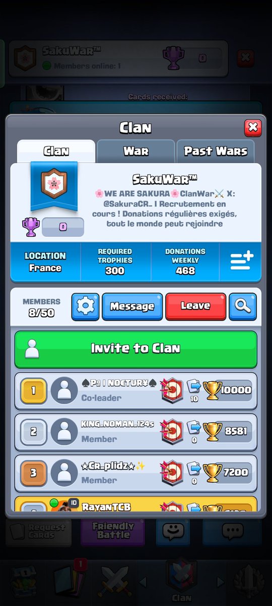 Nous avons besoin de seulement deux comptes supplémentaires pour pouvoir commencer les guerres de clan la saison prochaine ! Rejoins-nous dès maintenant en cliquant ici : link.clashroyale.com/invite/clan/en…
