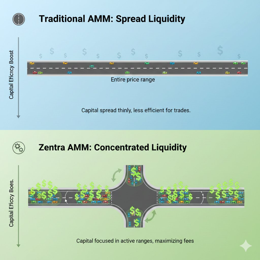JethroPoli8704's tweet image. Traditional AMMs spread liquidity thin like cars on a long highway, making trades less efficient. 📉
Zentra AMM concentrates liquidity at active price ranges, boosting capital efficiency and maximizing fees! 🚀

@pharos_network @zentrafi
#PharosPathfinders #Week3