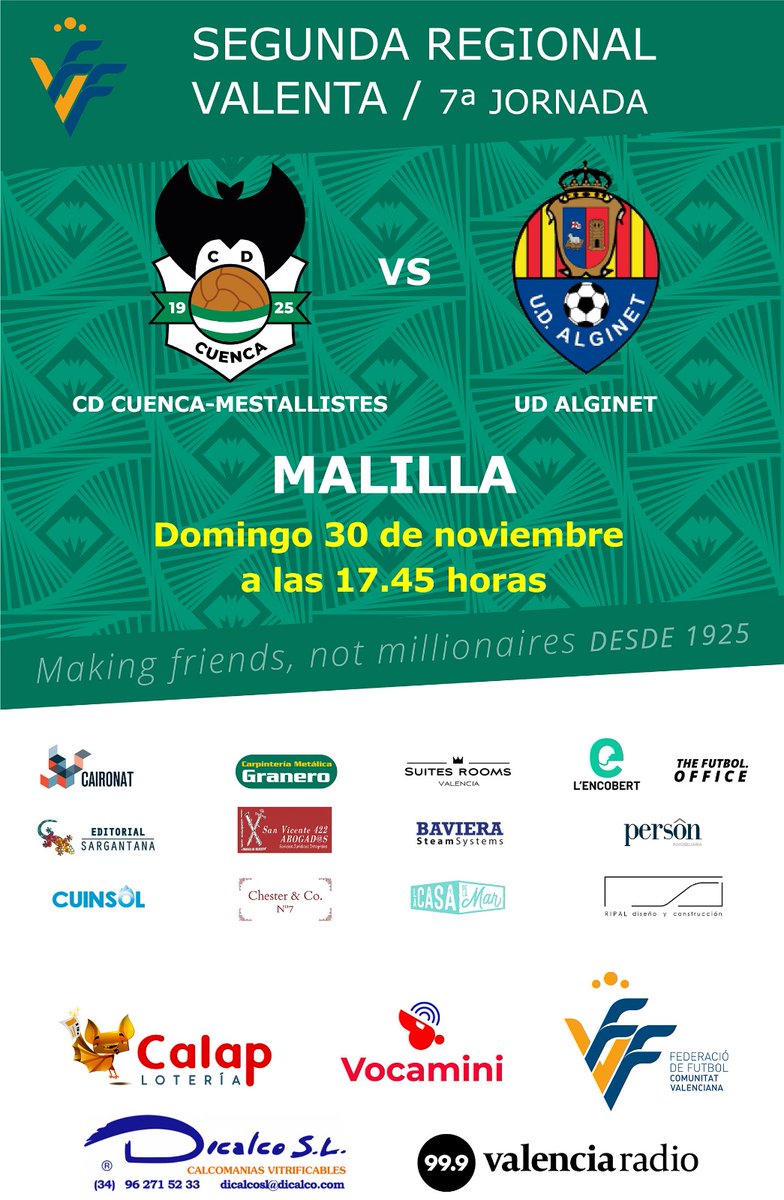 👉 ¡Reto mayúsculo para nuestro femenino en la tarde de mañana!

⭐ Segunda Regional Valenta
👉 CD Cuenca-Mestallistes 1925 🆚️ UD Alginet
📆 Domingo 30 de noviembre
⌚ 17.45 horas
🏟 Malilla

#SomMestallistes100 ⚪💚🦇