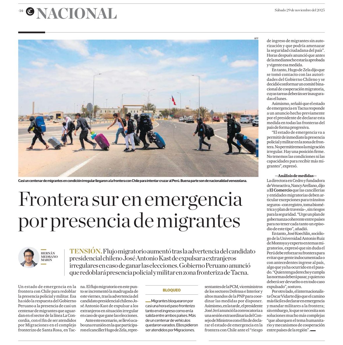 Es adecuada la reacción del gobierno ante el gran desplazamiento de migrantes en la frontera sur con Chile. La posición del Perú es válida. Nuestra economía no es tan grande para poder absorber más extranjeros. Ello ocasiona un grave problema de seguridad. Se ha hecho bien en