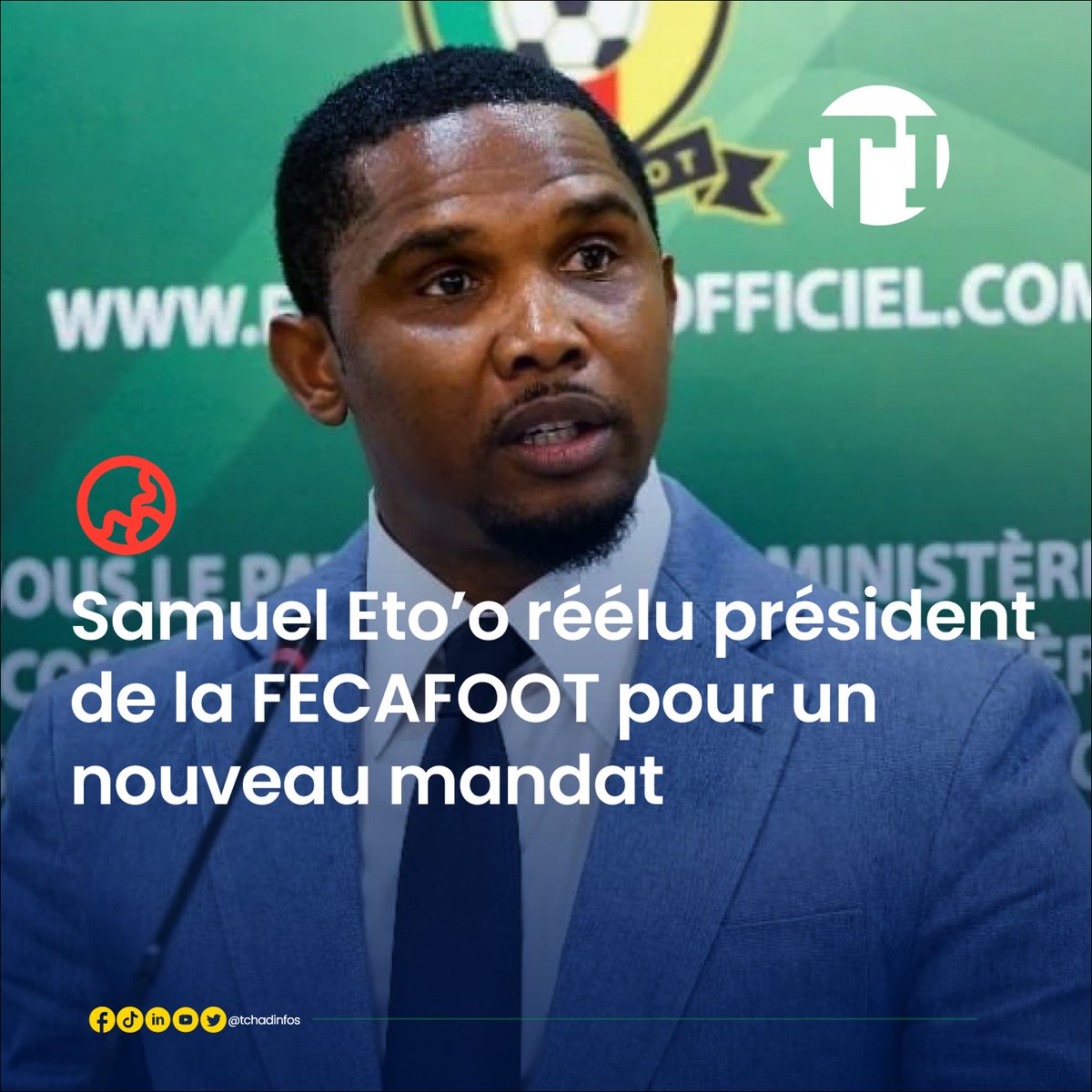 tchadinfos's tweet photo. L’ancien capitaine des Lions indomptables, Samuel Eto’o, a été reconduit ce 29 novembre 2025 à la tête de la Fédération #camerounaise 🇨🇲  de football, après un vote largement favorable de l’Assemblée générale. https://t.co/KjTRsweRkV
