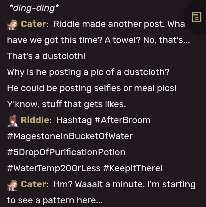 _STOT1Z's tweet photo. Reminder that Riddle made a Magicam account just to help Cater study, after realizing his study methods weren't working on Cater. He even posted daily until the exam. (Mind you this was right after making a 300-page study guide for him.) https://t.co/kWNbAc4GUA