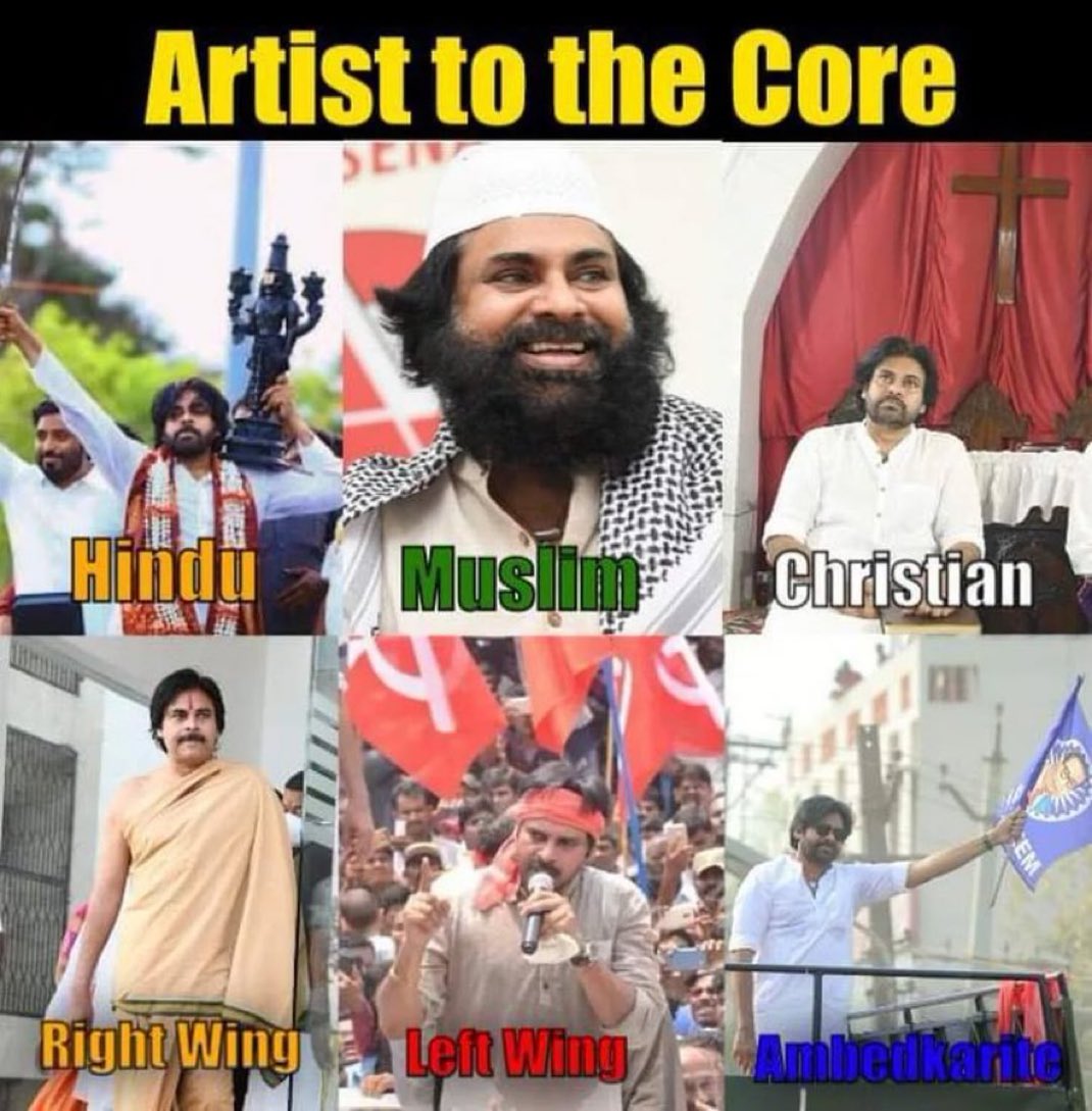 pvssarma's tweet image. Different shades of @PawanKalyan politics!

Started as Praja Rajyam youth leader.

Grew into a Che Guera only to turn as a Right Wing acolyte.

Then suddenly realised Dr. Ambedkar’s popularity &amp;amp; turned into an Ambedkarite.

When none worked out politically, became a SANATANI!😂