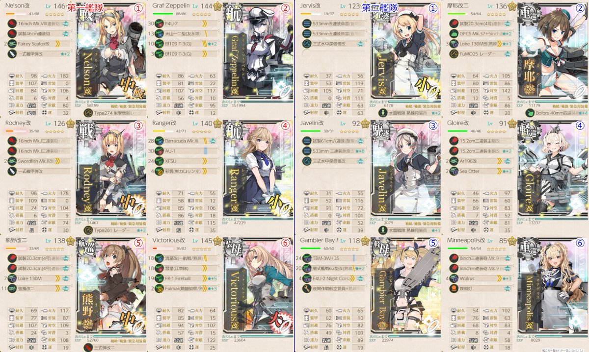 2siv1vLL7JxHe99's tweet image. 逆転！ナルヴィク攻防戦
E3 異聞ノルウェー沖海戦
甲 第1戦力ゲージクリア

第1:余ロドニVicグラーフれんじゃ～熊野
第2:ミネア摩耶グロJervisJavelinベ～イ
基地航空隊：爆戦2陸戦1陸偵1・陸戦1陸攻3ボス集中
決戦支援：駆2戦3空1

削り水上⇒ラスダン機動
クリア時にEidsvoldドロップ

#艦これ