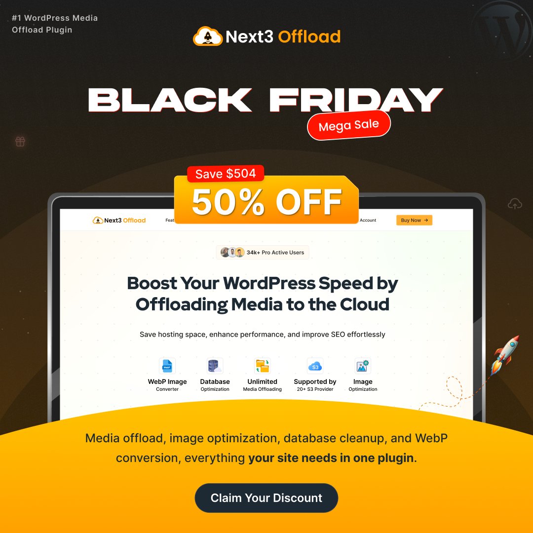 Next3Offload's tweet image. Black Friday — Next3 Offload
Save $504 • 50% OFF • Ending Soon!
Boost your WordPress speed instantly -offload media, optimize images, clean DB &amp;amp; WebP in one plugin.
✅ 10x faster loading
✅ Save hosting space
⚡ One-time payment
Grab the 50% OFF deal: 
next3offload.com/pricing